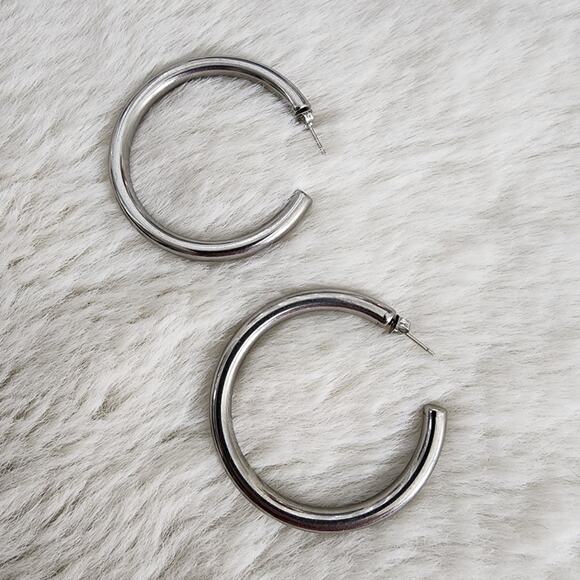 NEW Chunky Tube Hoop Earrings - Silver Rhodium Plated 2-Inch Statement Hoops - Picture 1 of 10